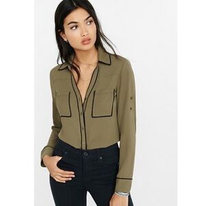 NWT Express Slim Fit Olive Contrast Piping Convertible Sleeve Blouse